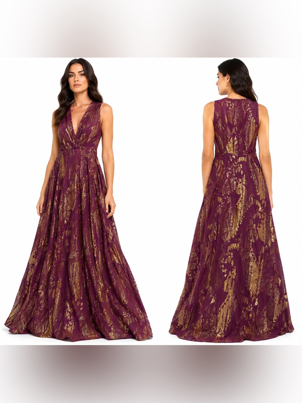 Leslie Fay Purple Gold Metallic Maxi Dress Size 8 Formal Evening Gown Sleeveless